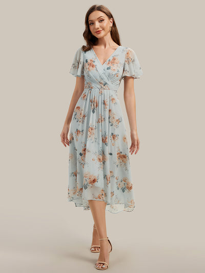 Asymmetrischer Saum V-Ausschnitt A-Linie Chiffon Kleid R¨¹schendetails Gepunkteter Druck #Farbe_Bernstein