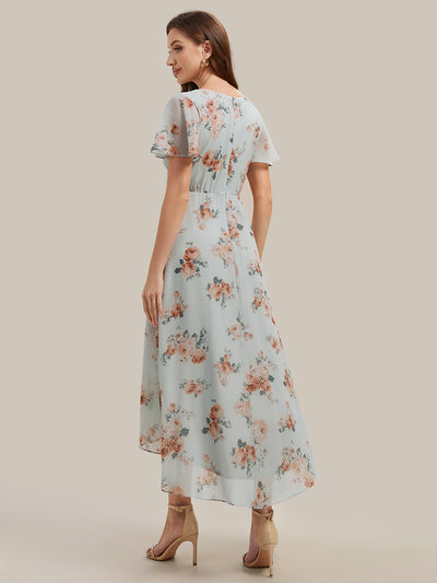 Asymmetrischer Saum V-Ausschnitt A-Linie Chiffon Kleid R¨¹schendetails Gepunkteter Druck #Farbe_Bernstein