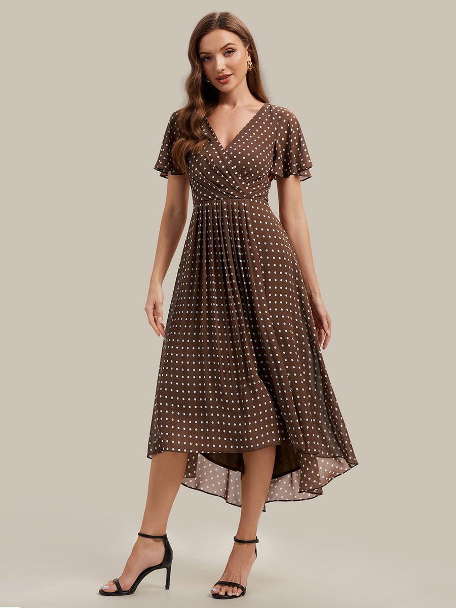 Asymmetrischer Saum V-Ausschnitt A-Linie Chiffon Kleid R¨¹schendetails Gepunkteter Druck #Farbe_Braune Punkte