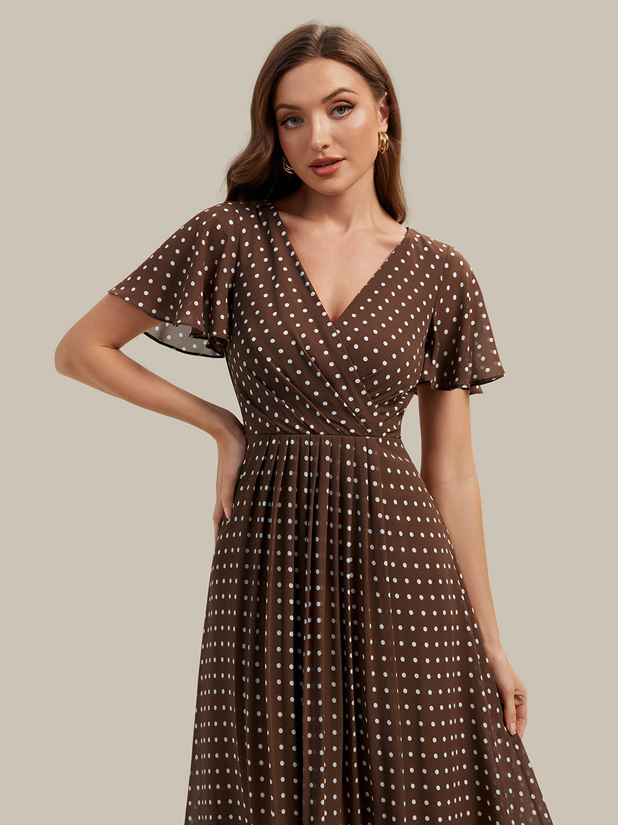 Asymmetrischer Saum V-Ausschnitt A-Linie Chiffon Kleid R¨¹schendetails Gepunkteter Druck #Farbe_Braune Punkte