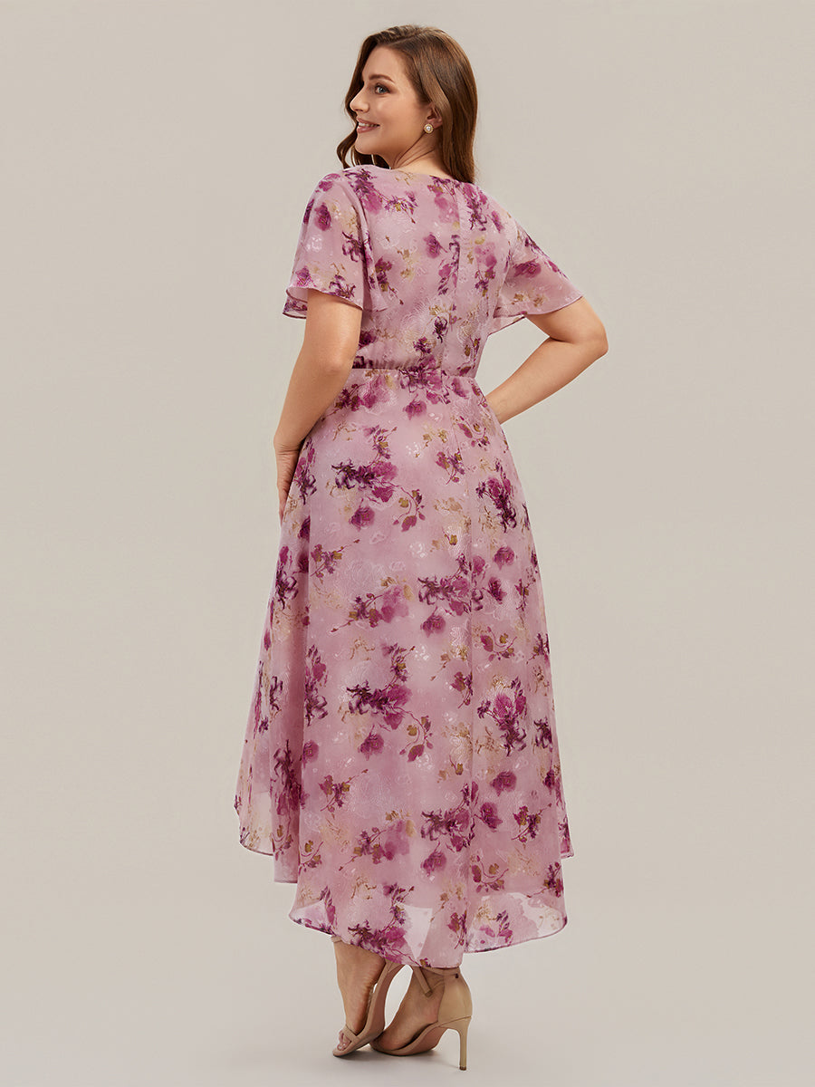 Asymmetrischer Saum V-Ausschnitt A-Linie Chiffon Kleid R¨¹schendetails Gepunkteter Druck #Farbe_Helllila mit Print