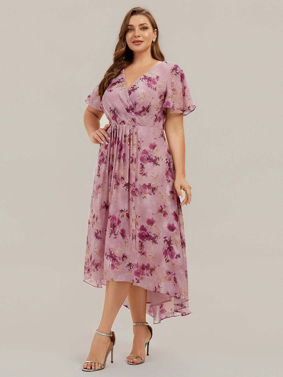 Asymmetrischer Saum V-Ausschnitt A-Linie Chiffon Kleid R¨¹schendetails Gepunkteter Druck #Farbe_Helllila mit Print