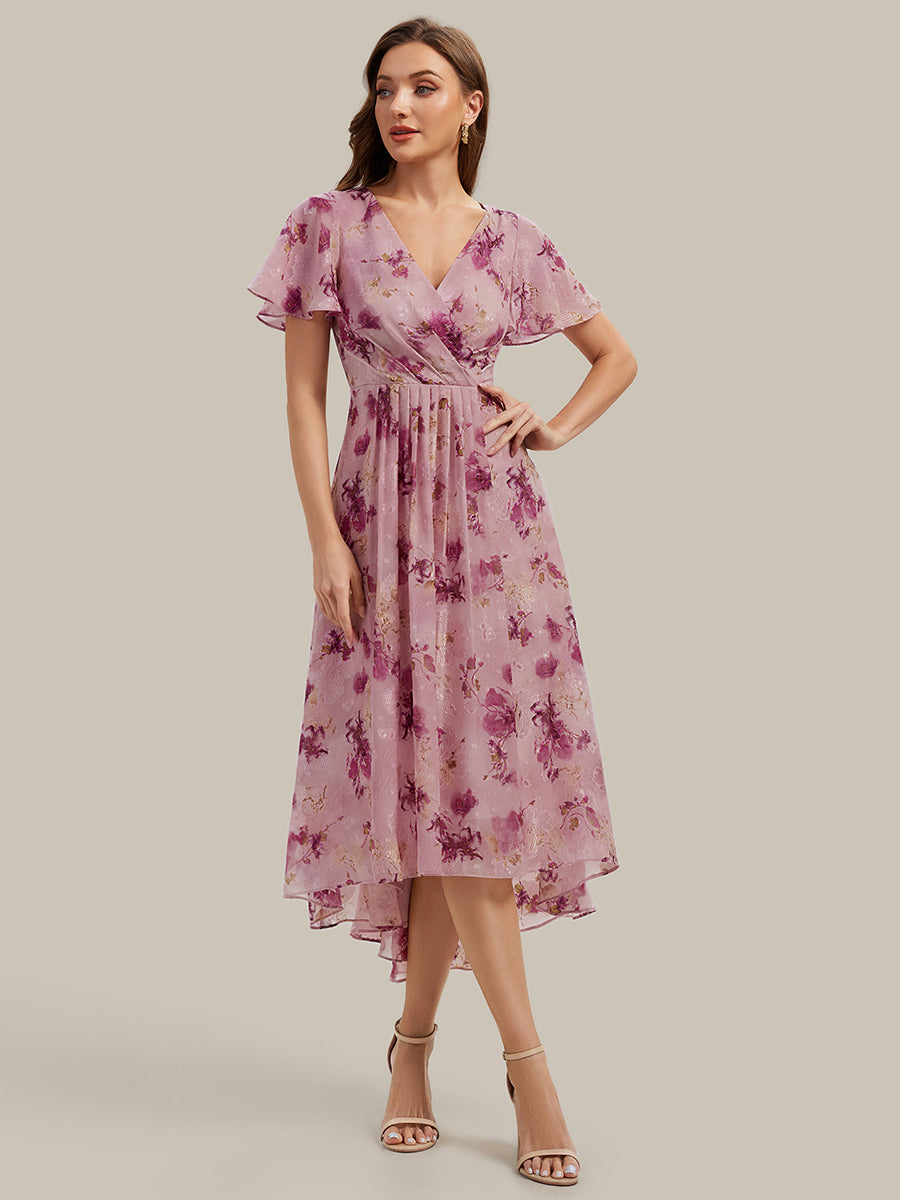 Asymmetrischer Saum V-Ausschnitt A-Linie Chiffon Kleid R¨¹schendetails Gepunkteter Druck #Farbe_Helllila mit Print