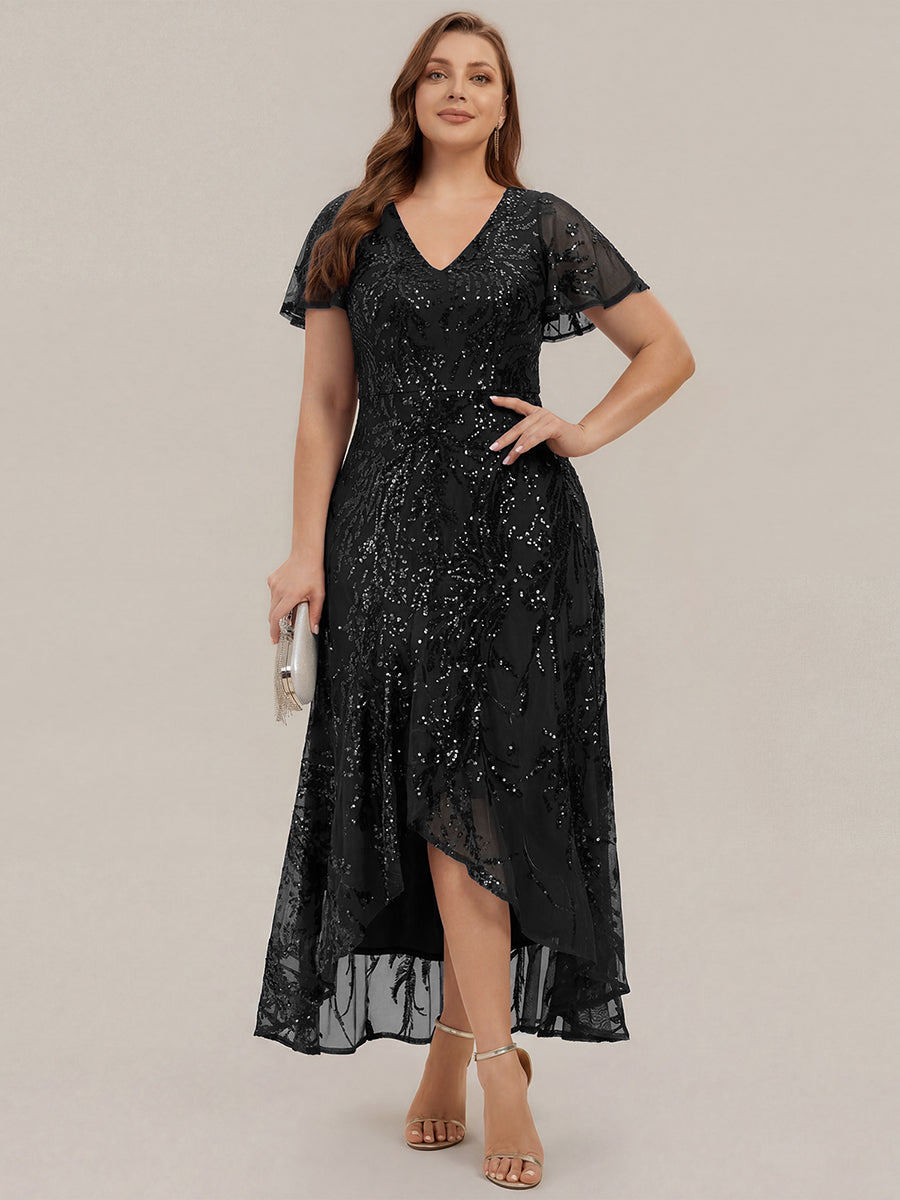 Asymmetrischer Saum V Neck Kleid Pailletten R¨¹schen Glitzerndes Design #Farbe_Schwarz