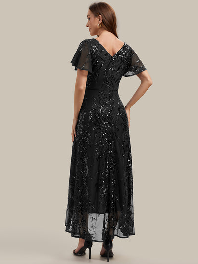 Asymmetrischer Saum V Neck Kleid Pailletten R¨¹schen Glitzerndes Design #Farbe_Schwarz