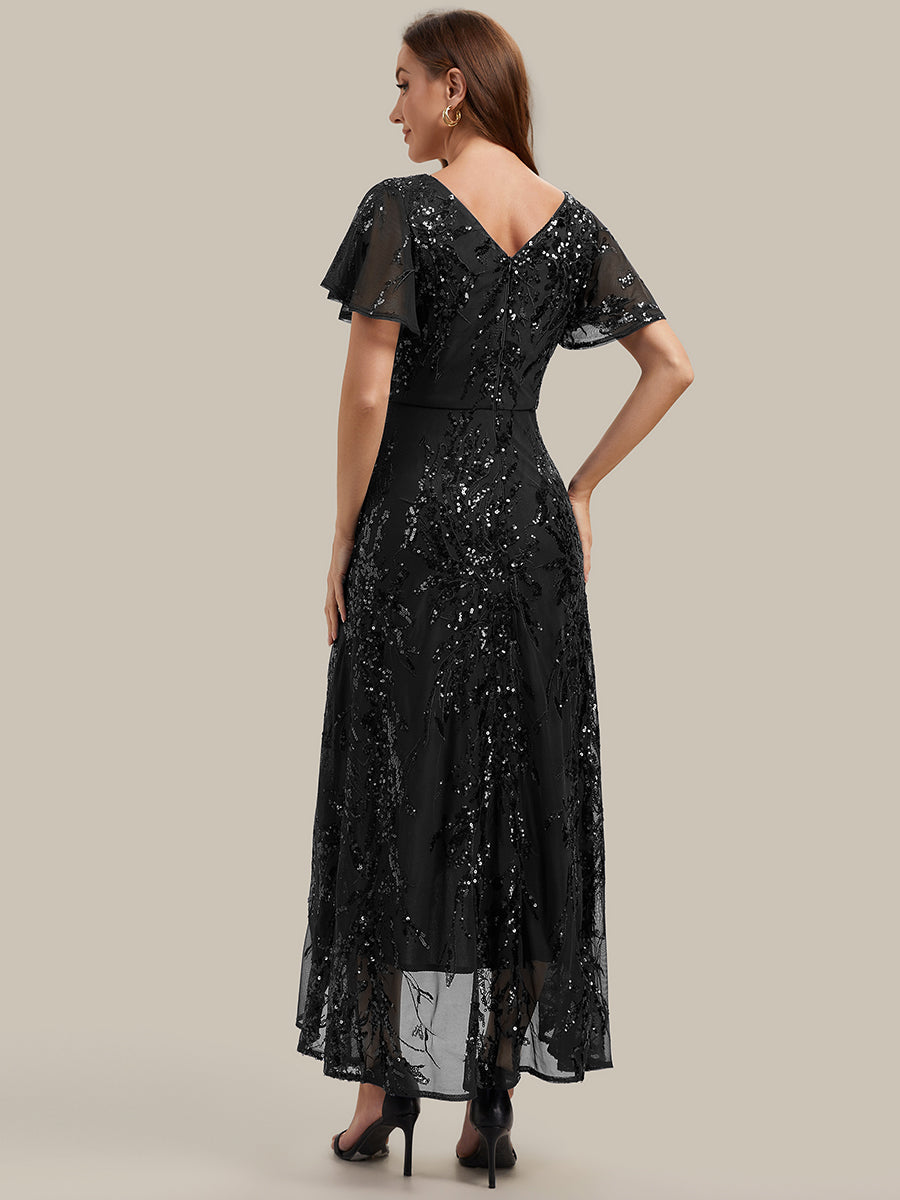 Asymmetrischer Saum V Neck Kleid Pailletten R¨¹schen Glitzerndes Design #Farbe_Schwarz