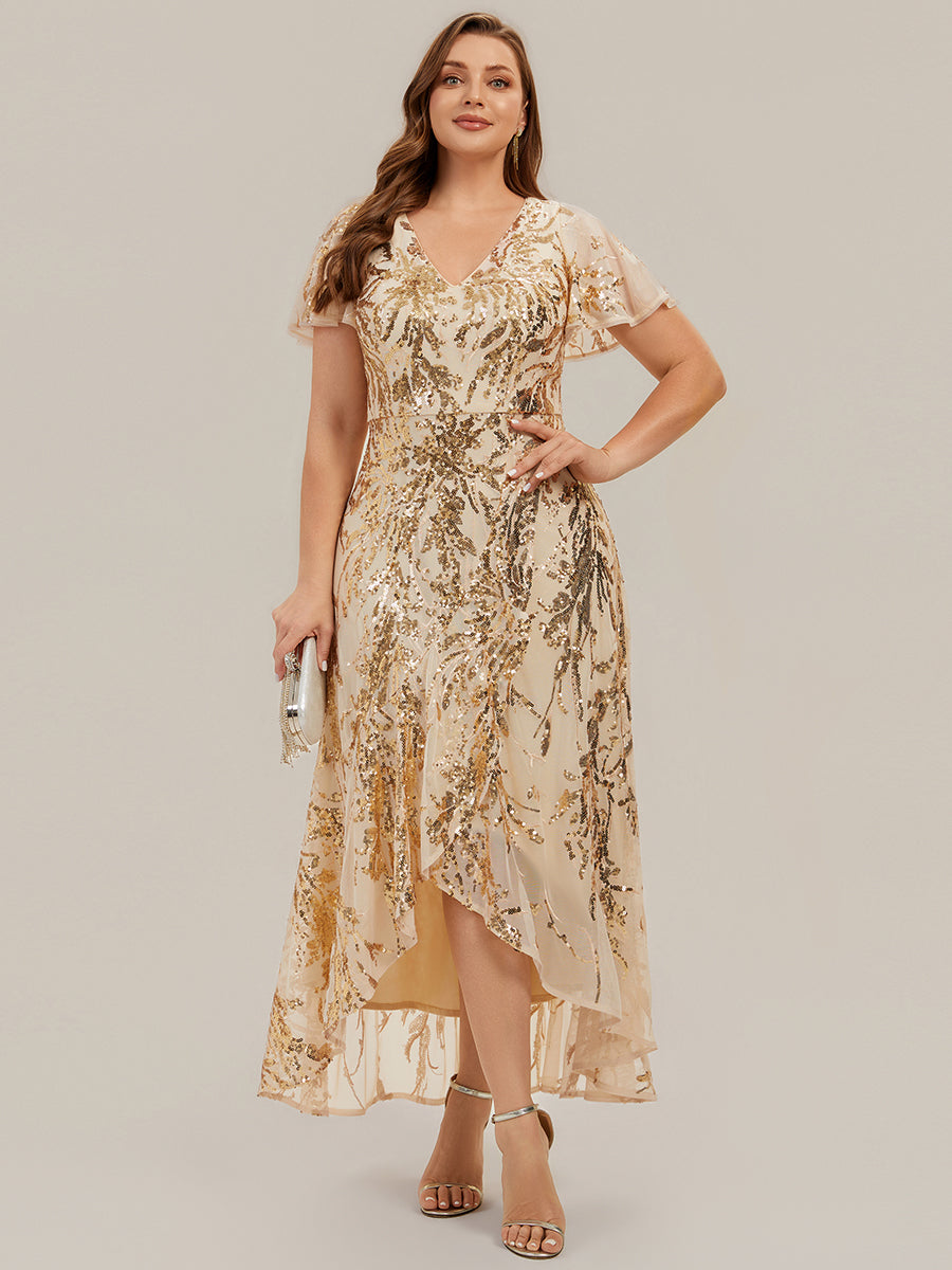 Asymmetrischer Saum V Neck Kleid Pailletten R¨¹schen Glitzerndes Design #Farbe_Gold