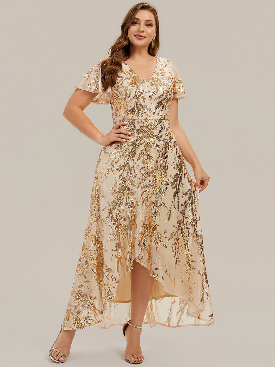 Asymmetrischer Saum V Neck Kleid Pailletten R¨¹schen Glitzerndes Design #Farbe_Gold