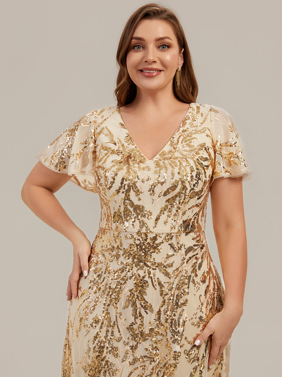 Asymmetrischer Saum V Neck Kleid Pailletten R¨¹schen Glitzerndes Design #Farbe_Gold