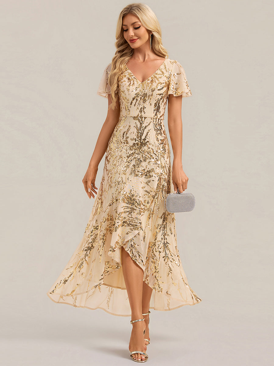 Asymmetrischer Saum V Neck Kleid Pailletten R¨¹schen Glitzerndes Design #Farbe_Gold