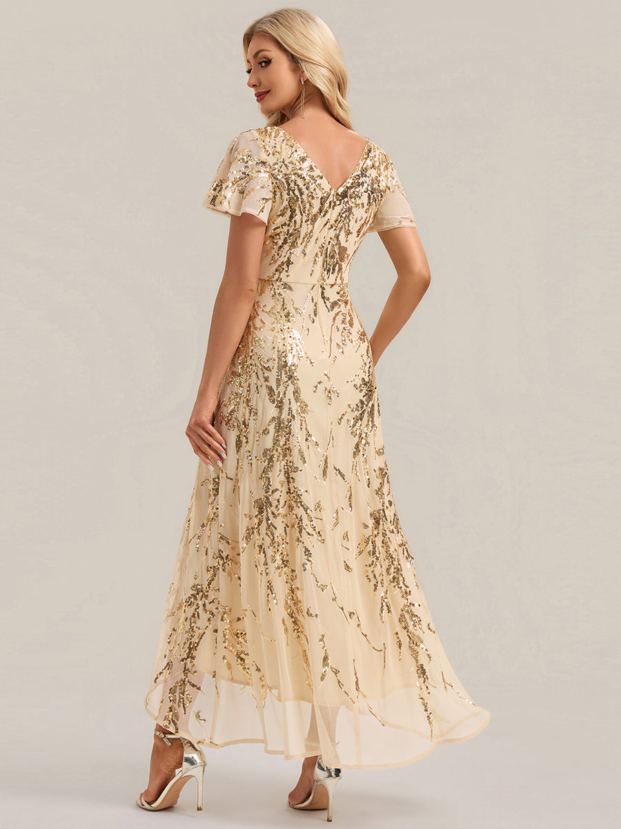 Asymmetrischer Saum V Neck Kleid Pailletten R¨¹schen Glitzerndes Design #Farbe_Gold