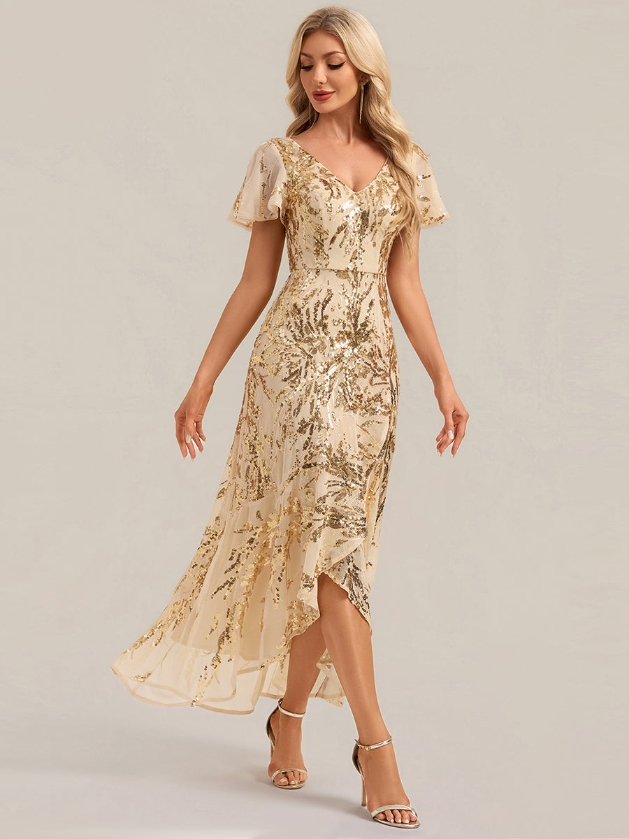 Asymmetrischer Saum V Neck Kleid Pailletten R¨¹schen Glitzerndes Design #Farbe_Gold