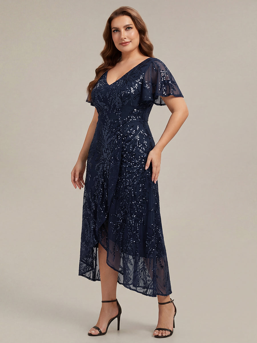 Asymmetrischer Saum V Neck Kleid Pailletten R¨¹schen Glitzerndes Design #Farbe_Marineblau