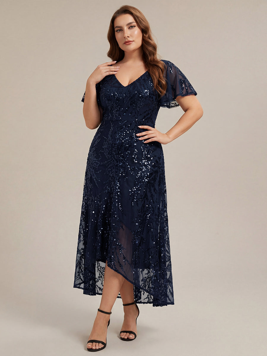 Asymmetrischer Saum V Neck Kleid Pailletten R¨¹schen Glitzerndes Design #Farbe_Marineblau