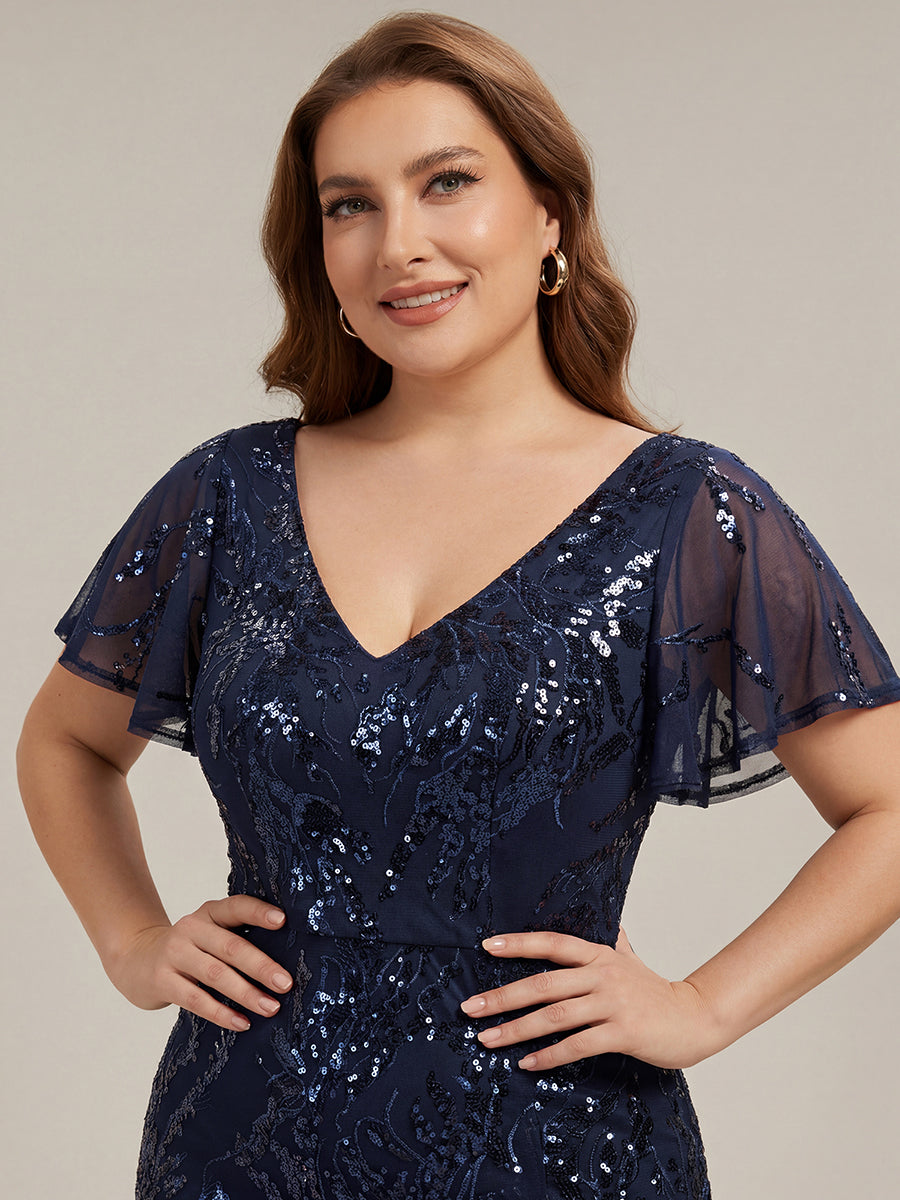 Asymmetrischer Saum V Neck Kleid Pailletten R¨¹schen Glitzerndes Design #Farbe_Marineblau