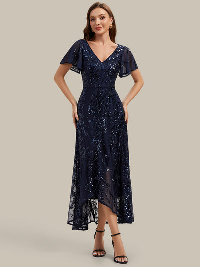 Asymmetrischer Saum V Neck Kleid Pailletten R¨¹schen Glitzerndes Design #Farbe_Marineblau