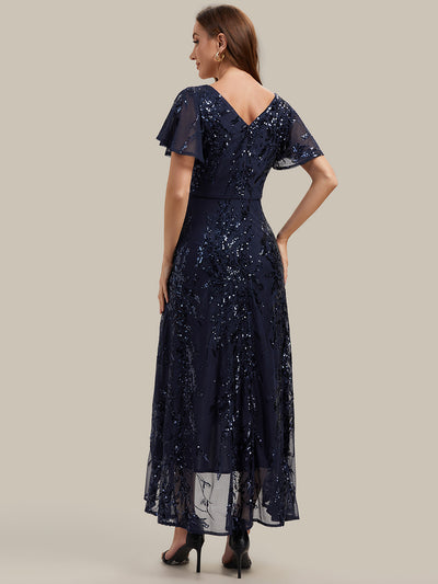 Asymmetrischer Saum V Neck Kleid Pailletten R¨¹schen Glitzerndes Design #Farbe_Marineblau