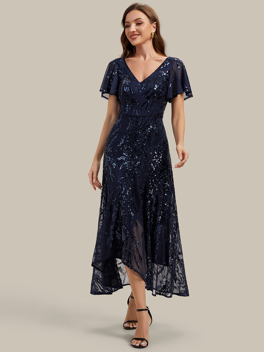 Asymmetrischer Saum V Neck Kleid Pailletten R¨¹schen Glitzerndes Design #Farbe_Marineblau