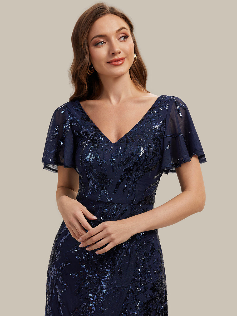 Asymmetrischer Saum V Neck Kleid Pailletten R¨¹schen Glitzerndes Design #Farbe_Marineblau