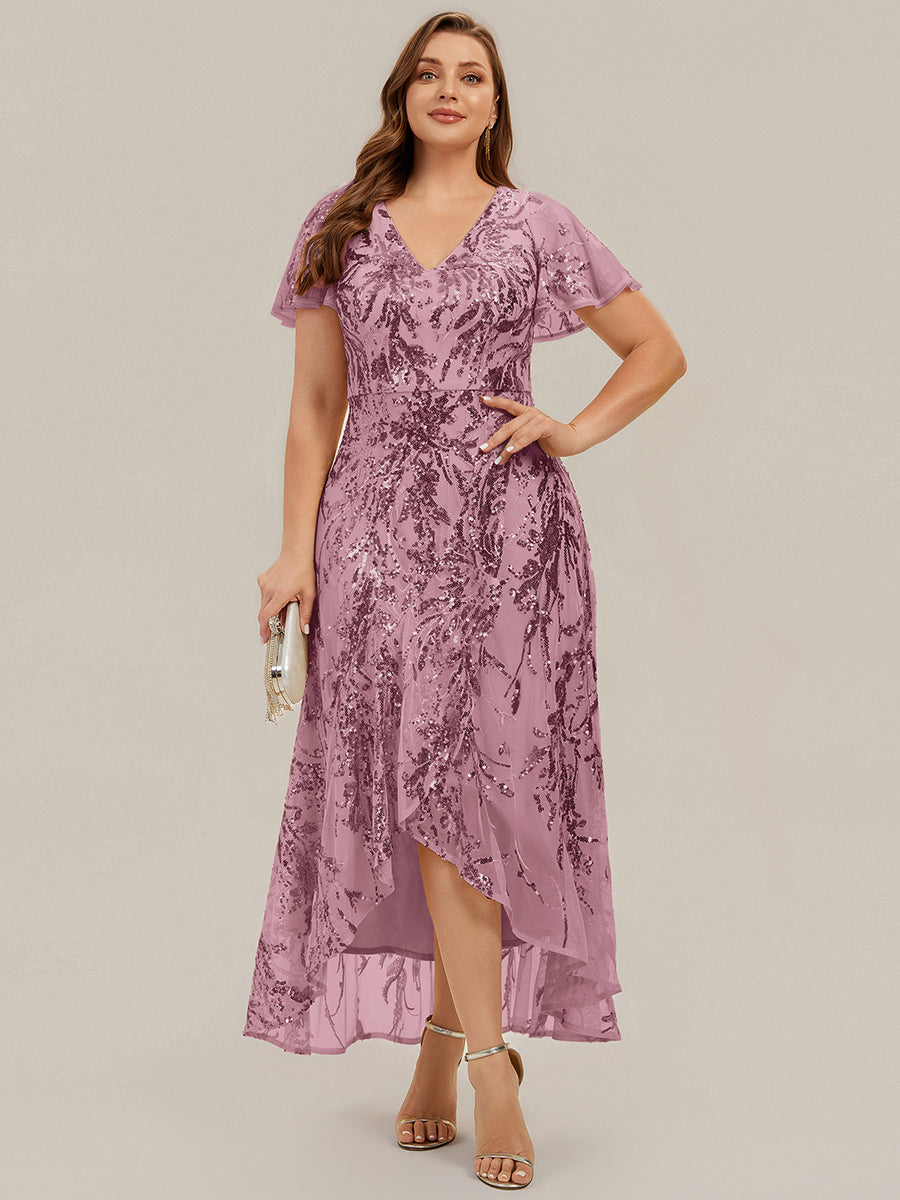 Asymmetrischer Saum V Neck Kleid Pailletten R¨¹schen Glitzerndes Design #Farbe_Orchideenviolett