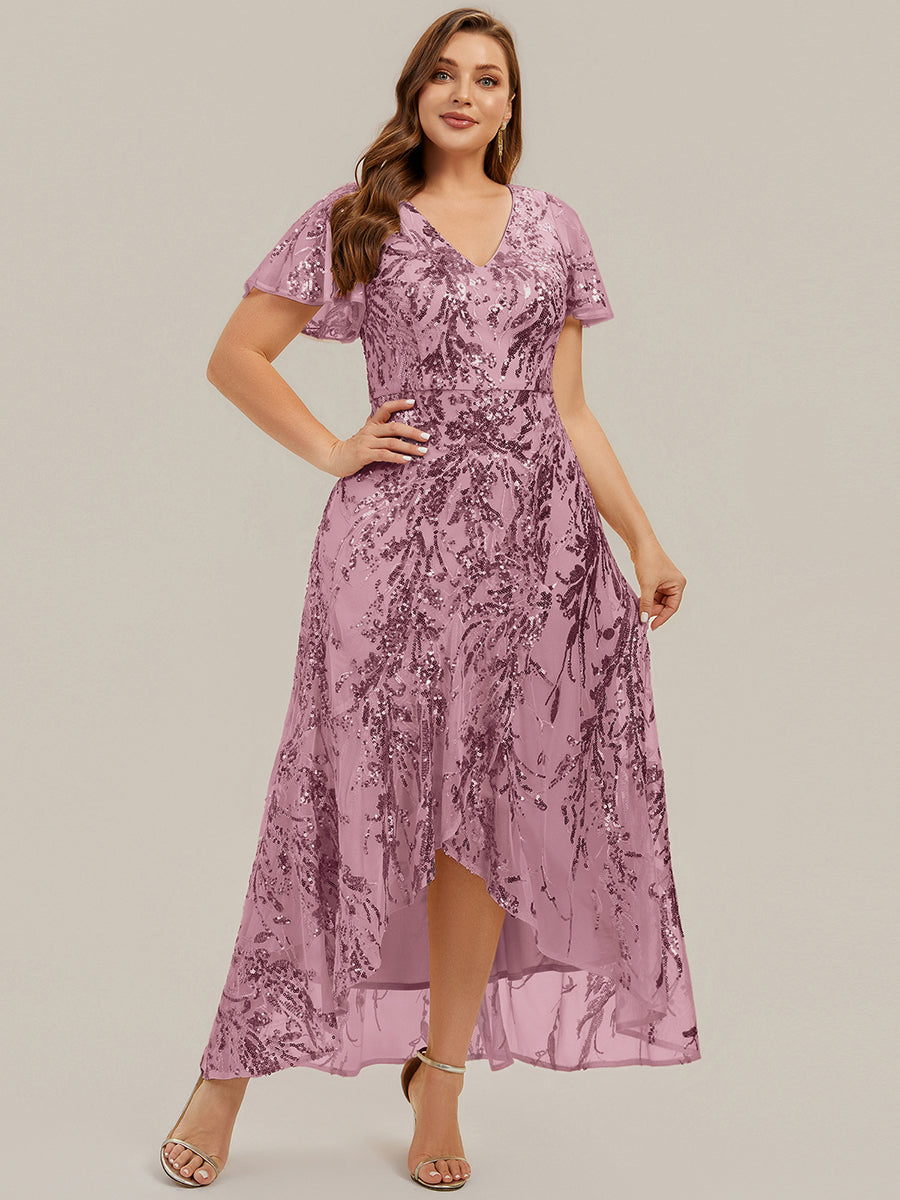 Asymmetrischer Saum V Neck Kleid Pailletten R¨¹schen Glitzerndes Design #Farbe_Orchideenviolett