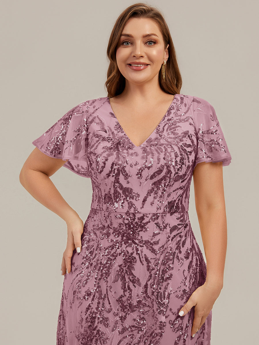 Asymmetrischer Saum V Neck Kleid Pailletten R¨¹schen Glitzerndes Design #Farbe_Orchideenviolett
