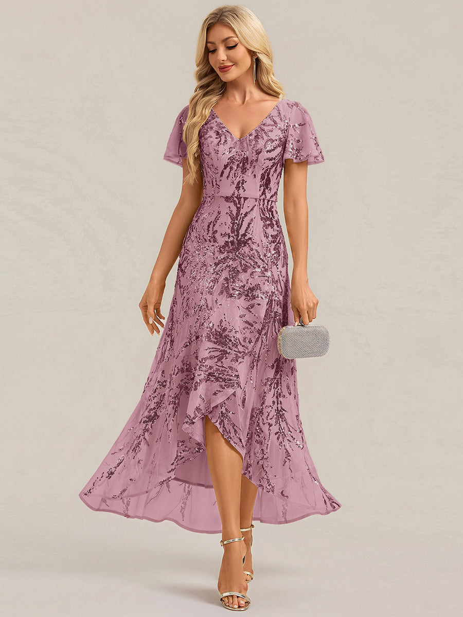 Asymmetrischer Saum V Neck Kleid Pailletten R¨¹schen Glitzerndes Design #Farbe_Orchideenviolett