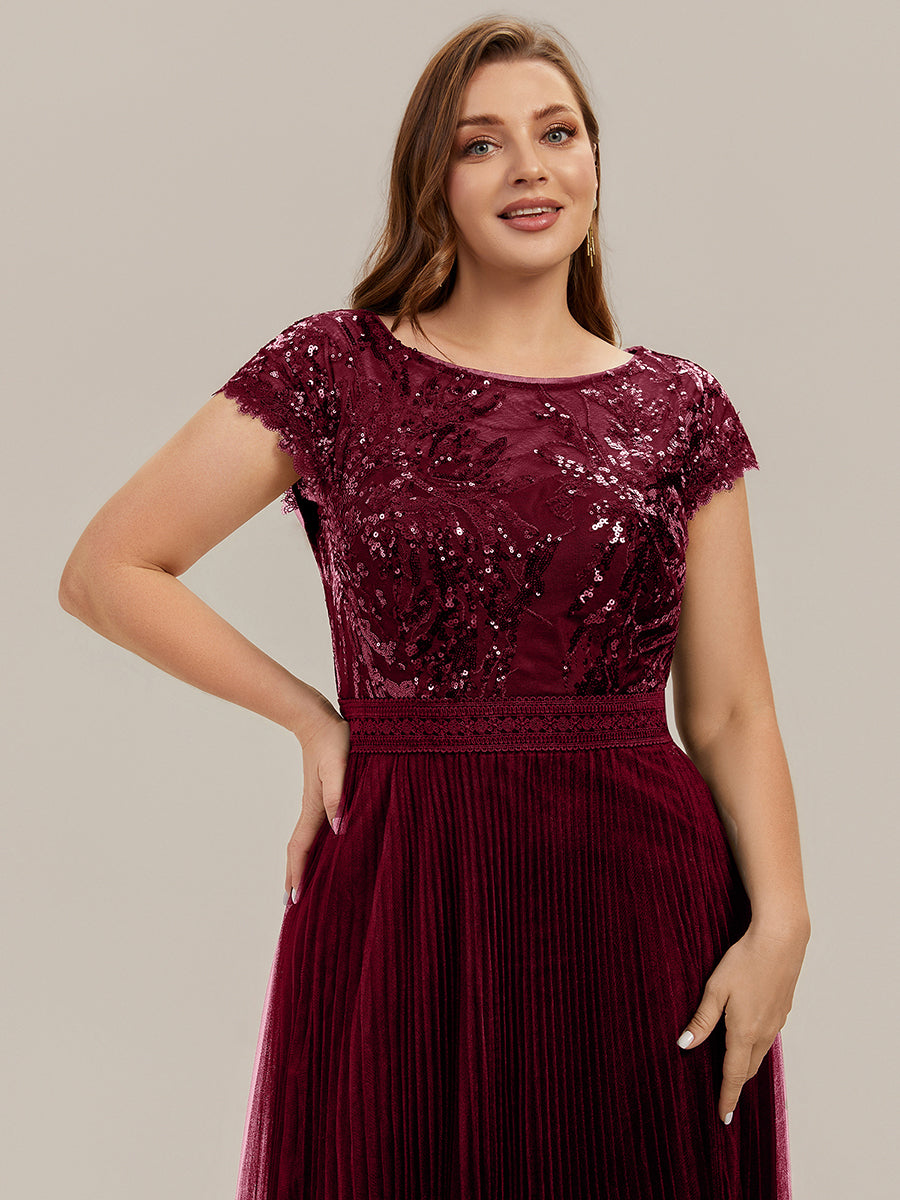 Tea L?nge Rundhals A Linie Pailletten Kleid Mit Sonnenstrahlen Falten Und Durchsichtigen Details Kleid #Farbe_Burgunderrot