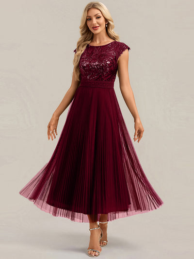 Tea L?nge Rundhals A Linie Pailletten Kleid Mit Sonnenstrahlen Falten Und Durchsichtigen Details Kleid #Farbe_Burgunderrot