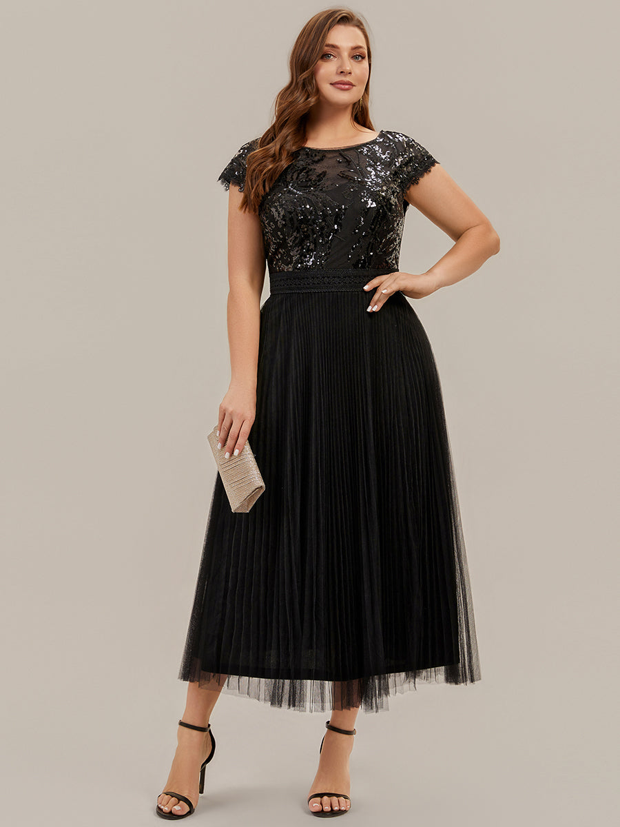Tea L?nge Rundhals A Linie Pailletten Kleid Mit Sonnenstrahlen Falten Und Durchsichtigen Details Kleid #Farbe_Schwarz