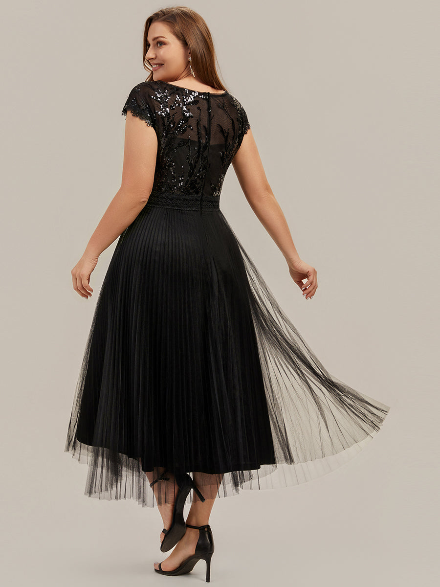 Tea L?nge Rundhals A Linie Pailletten Kleid Mit Sonnenstrahlen Falten Und Durchsichtigen Details Kleid #Farbe_Schwarz