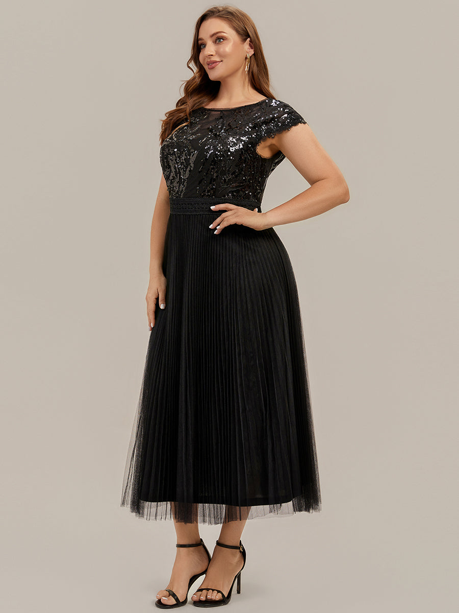 Tea L?nge Rundhals A Linie Pailletten Kleid Mit Sonnenstrahlen Falten Und Durchsichtigen Details Kleid #Farbe_Schwarz