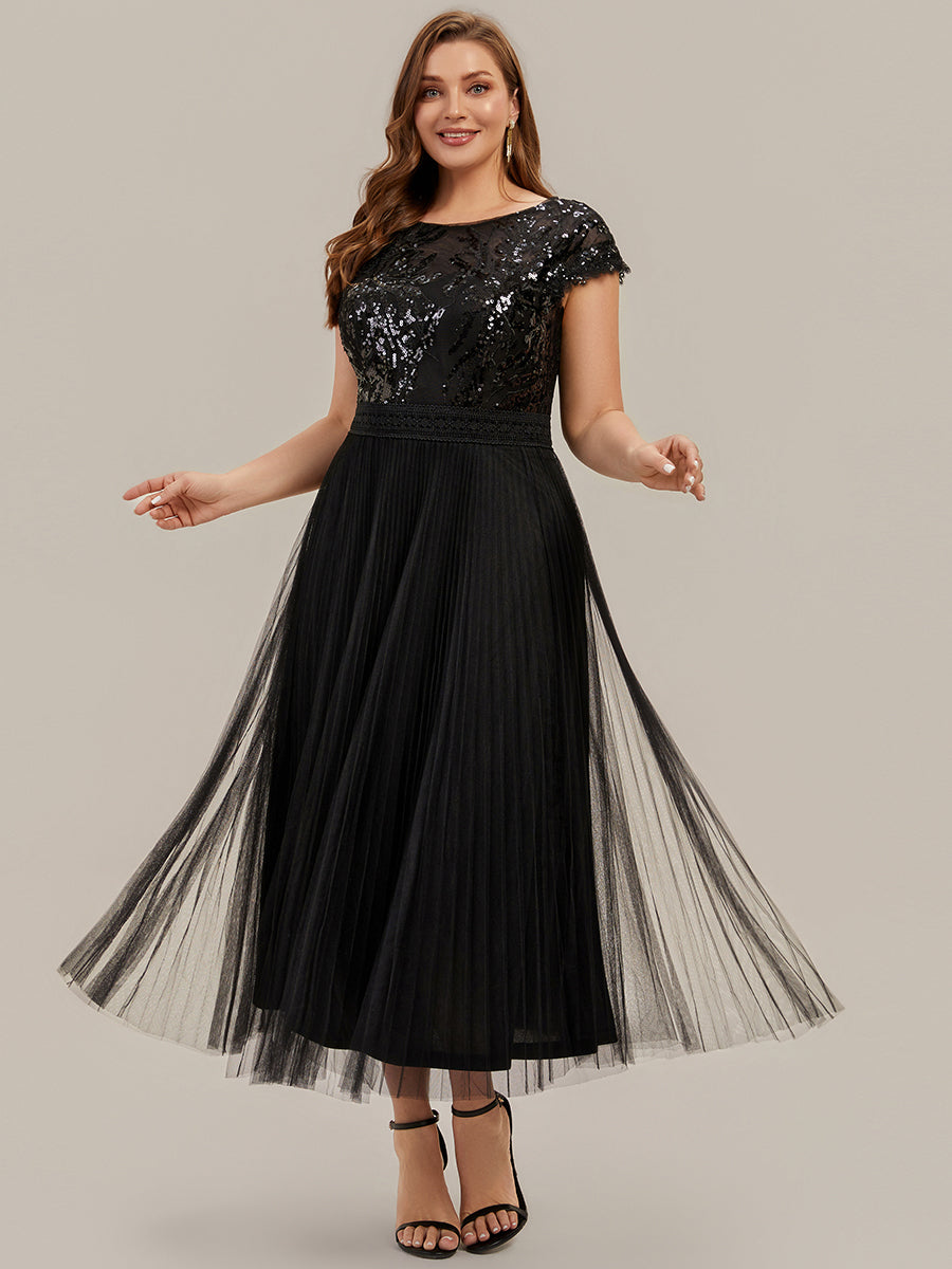 Tea L?nge Rundhals A Linie Pailletten Kleid Mit Sonnenstrahlen Falten Und Durchsichtigen Details Kleid #Farbe_Schwarz