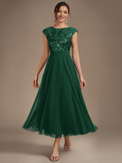 Tea L?nge Rundhals A Linie Pailletten Kleid Mit Sonnenstrahlen Falten Und Durchsichtigen Details Kleid #Farbe_Dunkelgrün