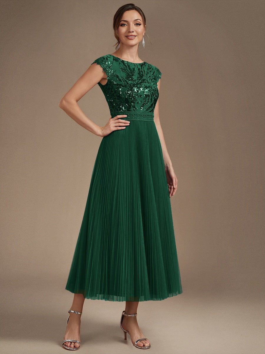 Tea L?nge Rundhals A Linie Pailletten Kleid Mit Sonnenstrahlen Falten Und Durchsichtigen Details Kleid #Farbe_Dunkelgrün