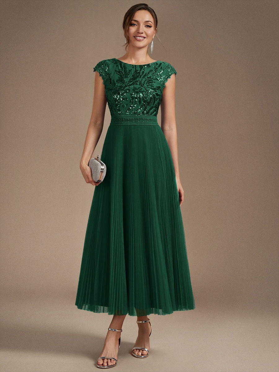 Tea L?nge Rundhals A Linie Pailletten Kleid Mit Sonnenstrahlen Falten Und Durchsichtigen Details Kleid #Farbe_Dunkelgrün
