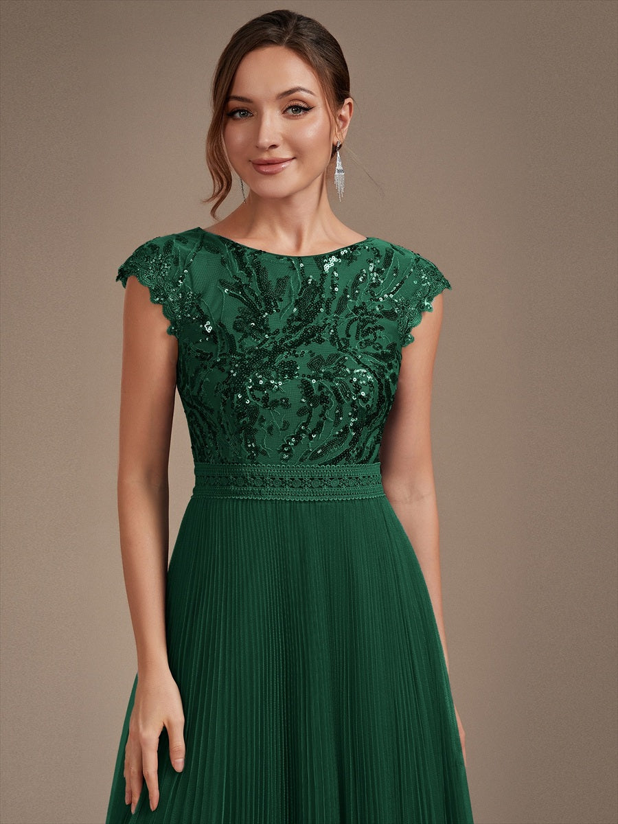 Tea L?nge Rundhals A Linie Pailletten Kleid Mit Sonnenstrahlen Falten Und Durchsichtigen Details Kleid #Farbe_Dunkelgrün