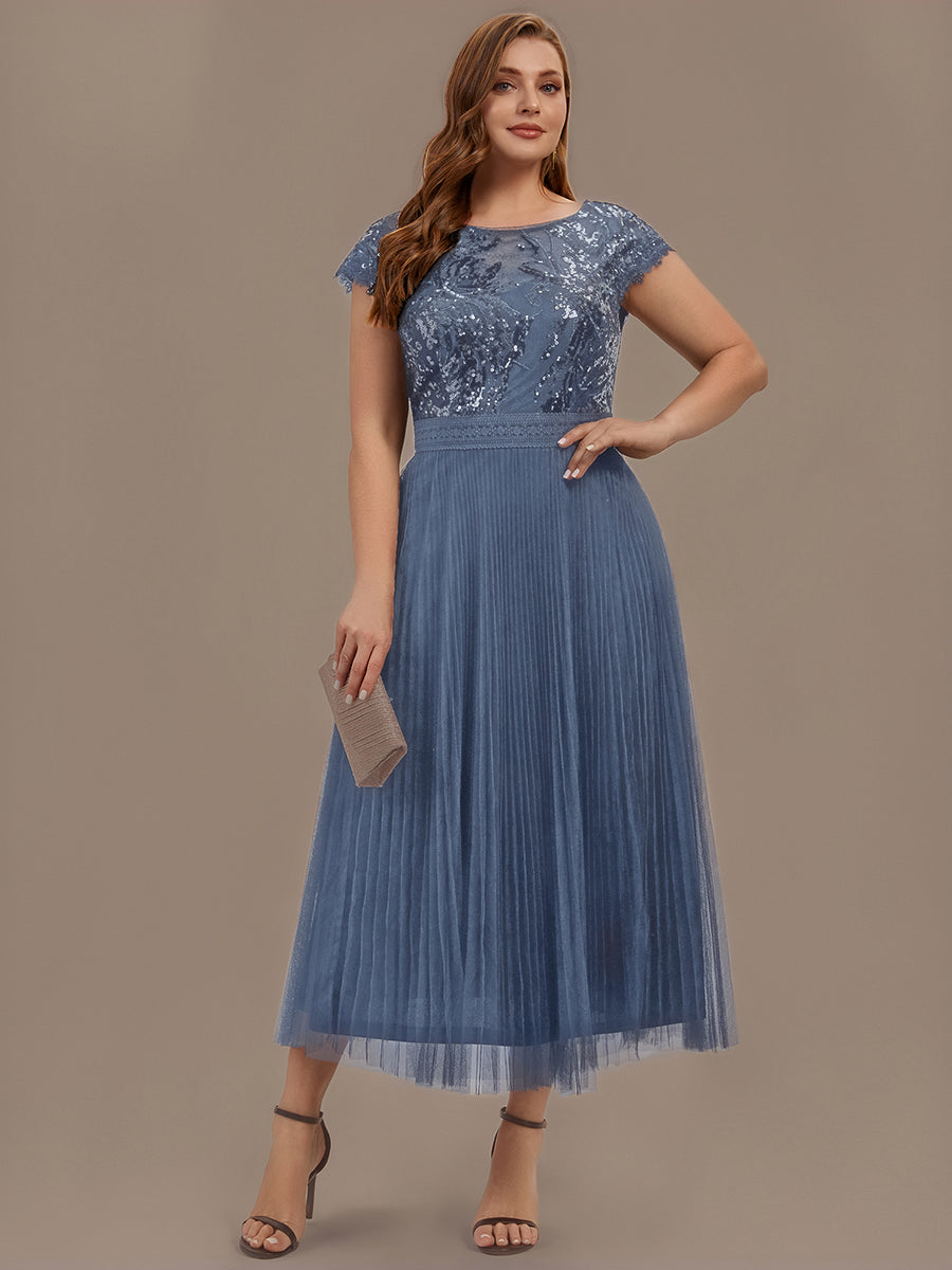 Tea L?nge Rundhals A Linie Pailletten Kleid Mit Sonnenstrahlen Falten Und Durchsichtigen Details Kleid #Farbe_Taubenblau