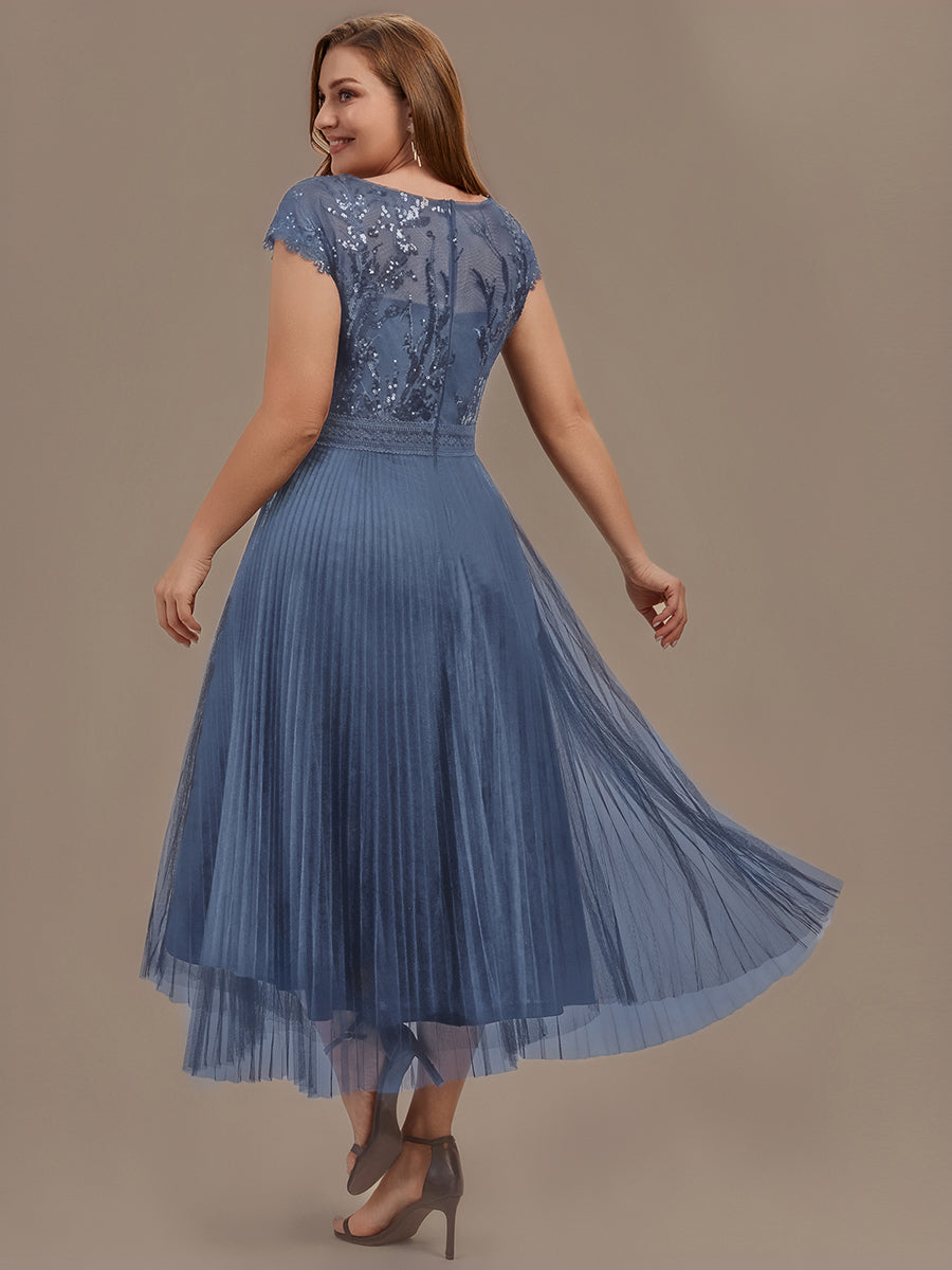 Tea L?nge Rundhals A Linie Pailletten Kleid Mit Sonnenstrahlen Falten Und Durchsichtigen Details Kleid #Farbe_Taubenblau