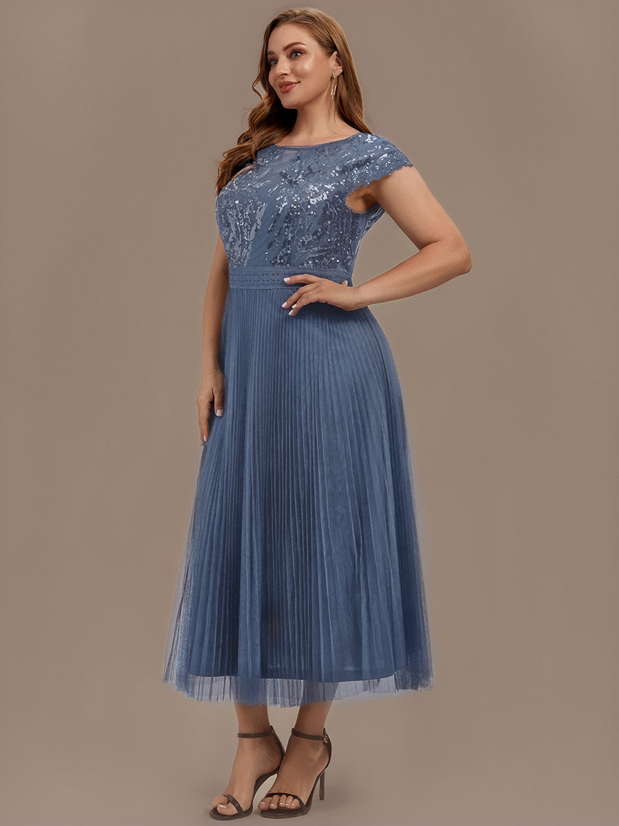 Tea L?nge Rundhals A Linie Pailletten Kleid Mit Sonnenstrahlen Falten Und Durchsichtigen Details Kleid #Farbe_Taubenblau