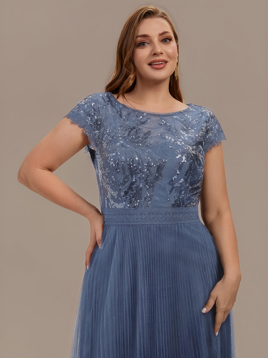 Tea L?nge Rundhals A Linie Pailletten Kleid Mit Sonnenstrahlen Falten Und Durchsichtigen Details Kleid #Farbe_Taubenblau