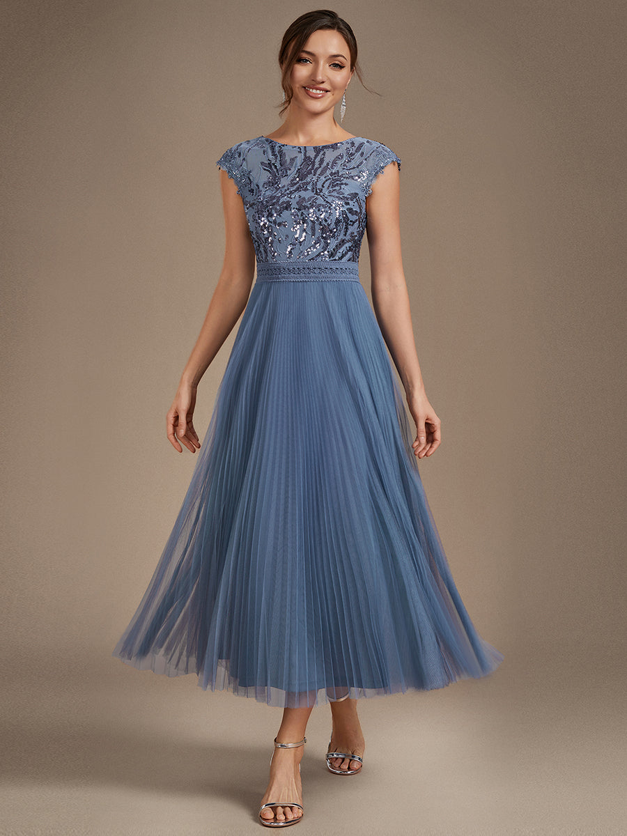 Tea L?nge Rundhals A Linie Pailletten Kleid Mit Sonnenstrahlen Falten Und Durchsichtigen Details Kleid #Farbe_Taubenblau