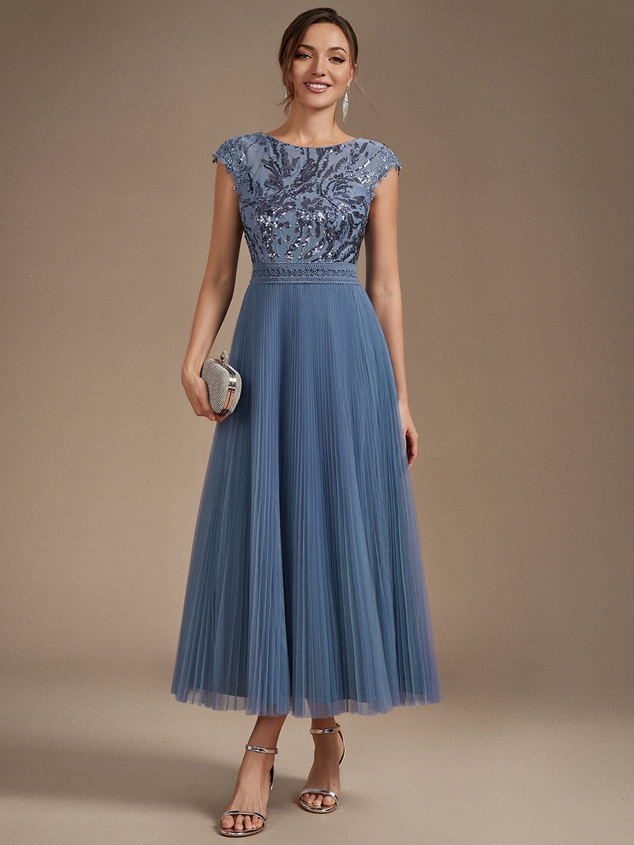 Tea L?nge Rundhals A Linie Pailletten Kleid Mit Sonnenstrahlen Falten Und Durchsichtigen Details Kleid #Farbe_Taubenblau