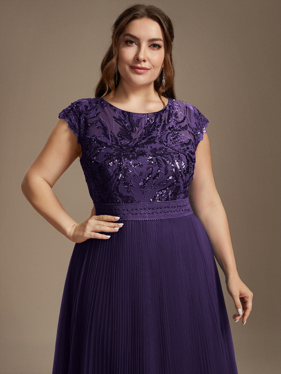 Tea L?nge Rundhals A Linie Pailletten Kleid Mit Sonnenstrahlen Falten Und Durchsichtigen Details Kleid #Farbe_Dunkelviolett