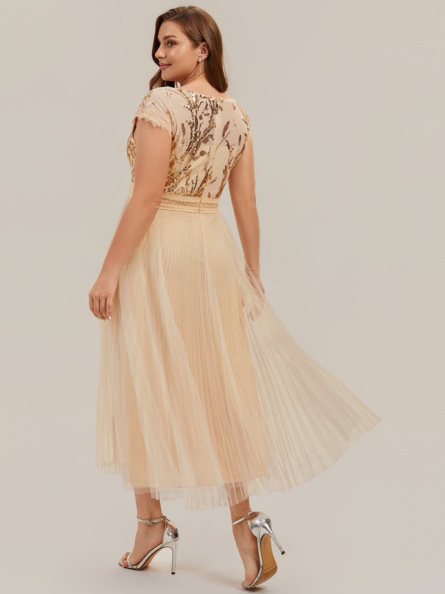 Tea L?nge Rundhals A Linie Pailletten Kleid Mit Sonnenstrahlen Falten Und Durchsichtigen Details Kleid #Farbe_Gold