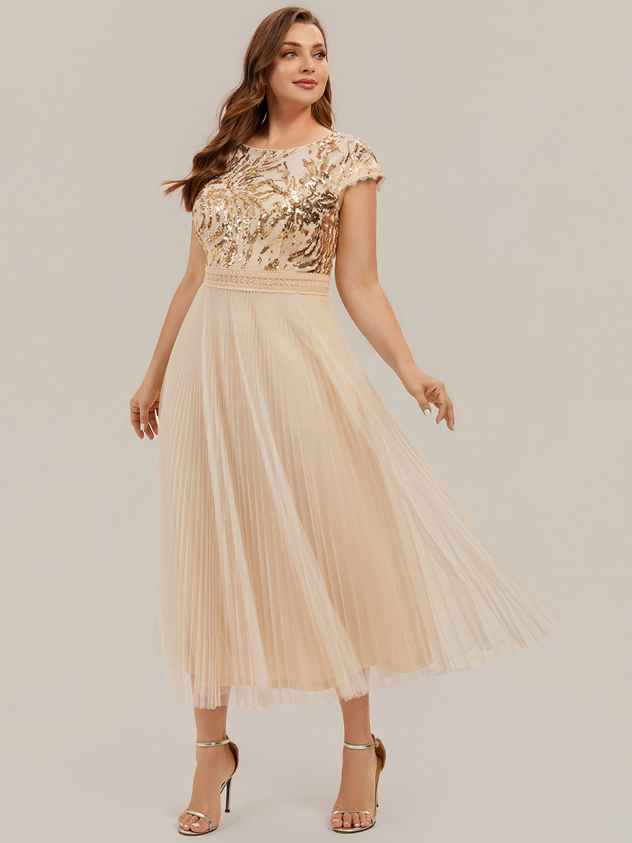 Tea L?nge Rundhals A Linie Pailletten Kleid Mit Sonnenstrahlen Falten Und Durchsichtigen Details Kleid #Farbe_Gold