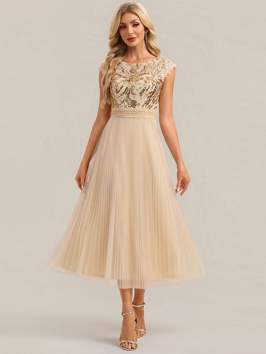 Tea L?nge Rundhals A Linie Pailletten Kleid Mit Sonnenstrahlen Falten Und Durchsichtigen Details Kleid #Farbe_Gold