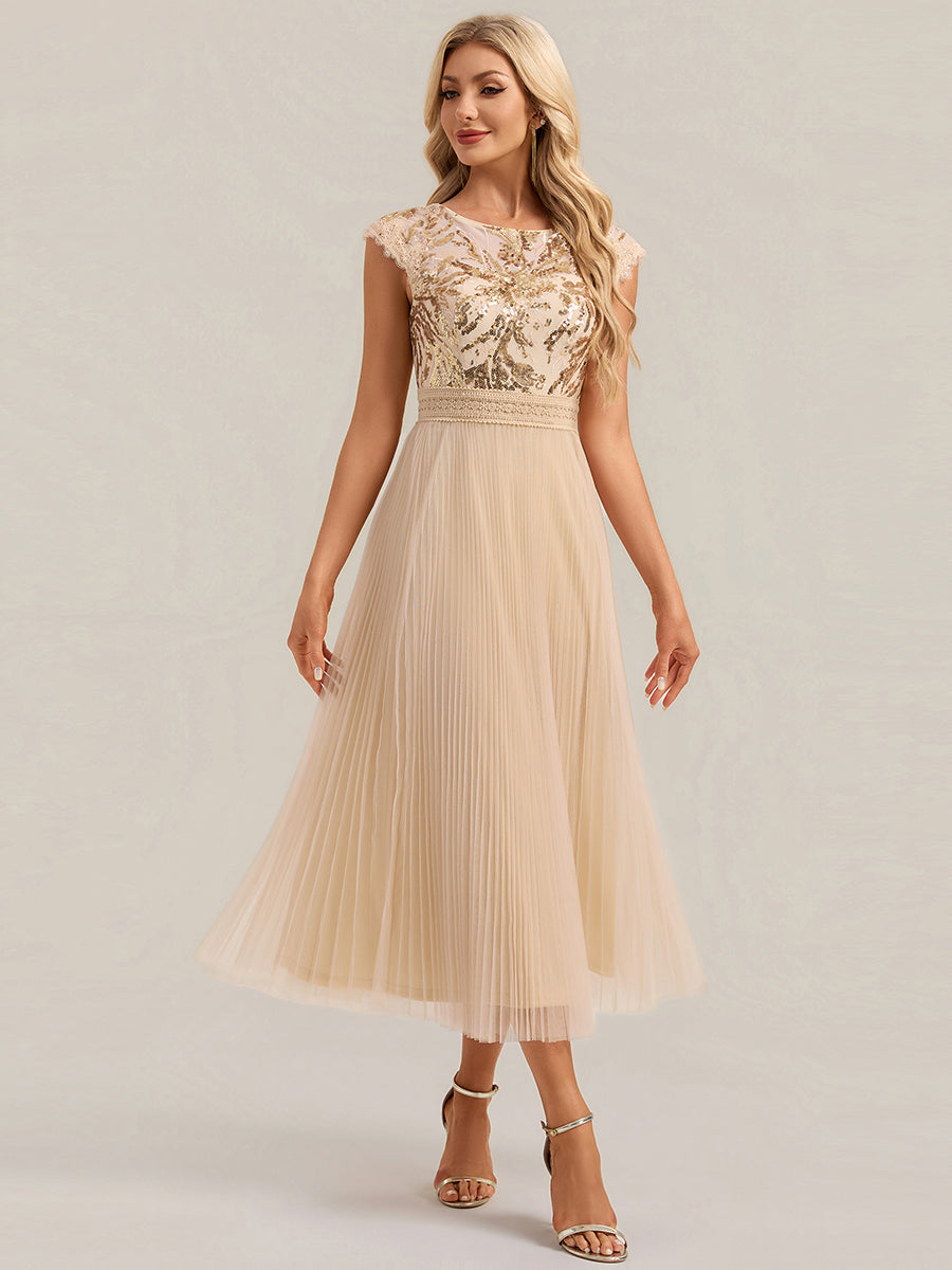 Tea L?nge Rundhals A Linie Pailletten Kleid Mit Sonnenstrahlen Falten Und Durchsichtigen Details Kleid #Farbe_Gold
