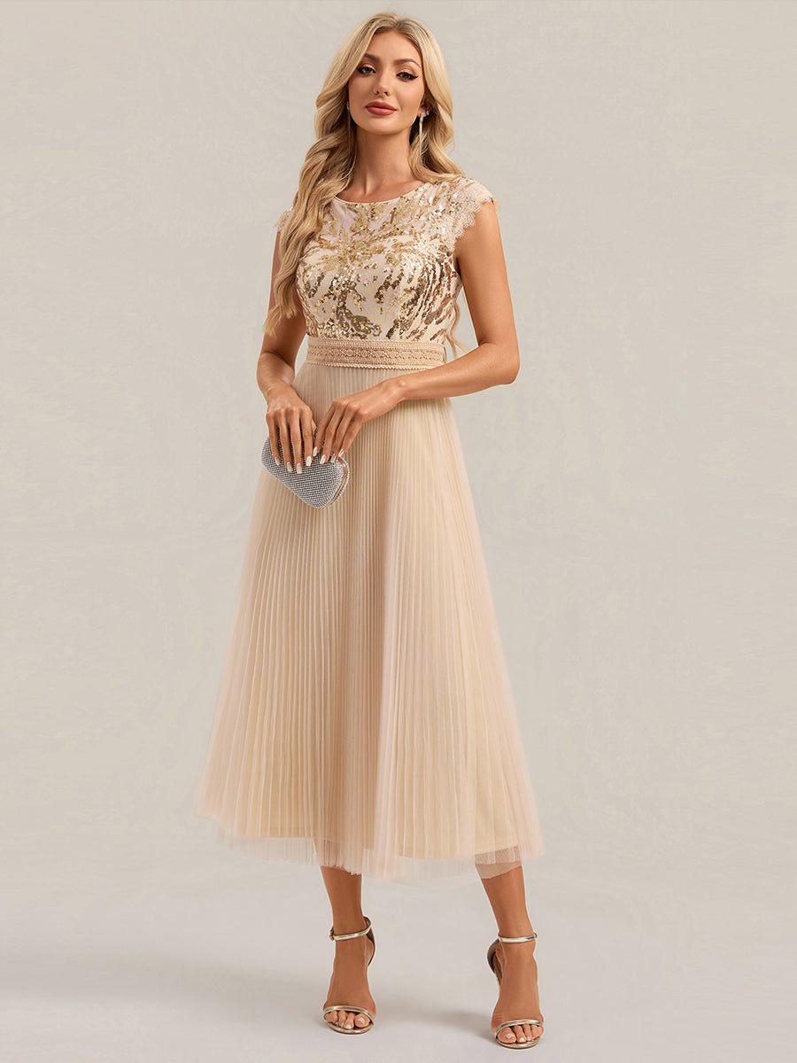 Tea L?nge Rundhals A Linie Pailletten Kleid Mit Sonnenstrahlen Falten Und Durchsichtigen Details Kleid #Farbe_Gold