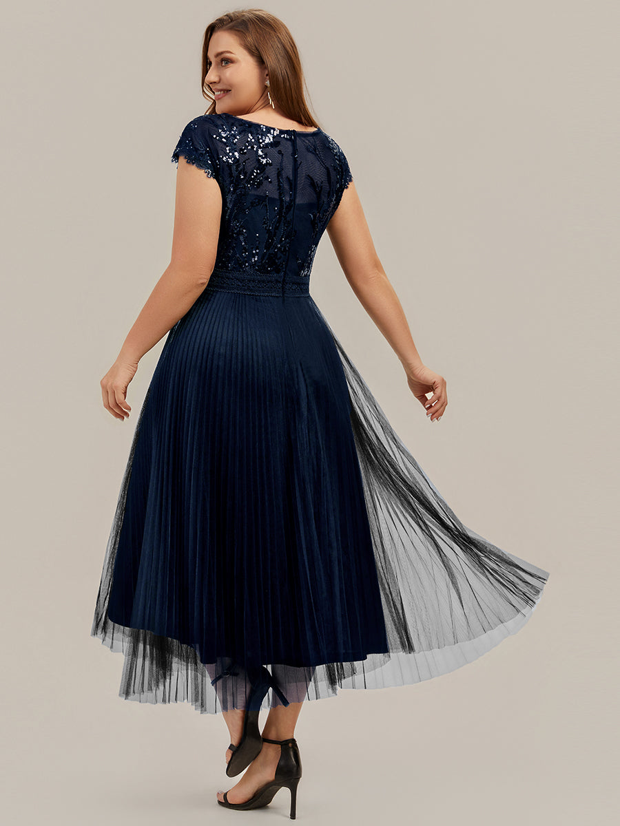 Tea L?nge Rundhals A Linie Pailletten Kleid Mit Sonnenstrahlen Falten Und Durchsichtigen Details Kleid #Farbe_Marineblau